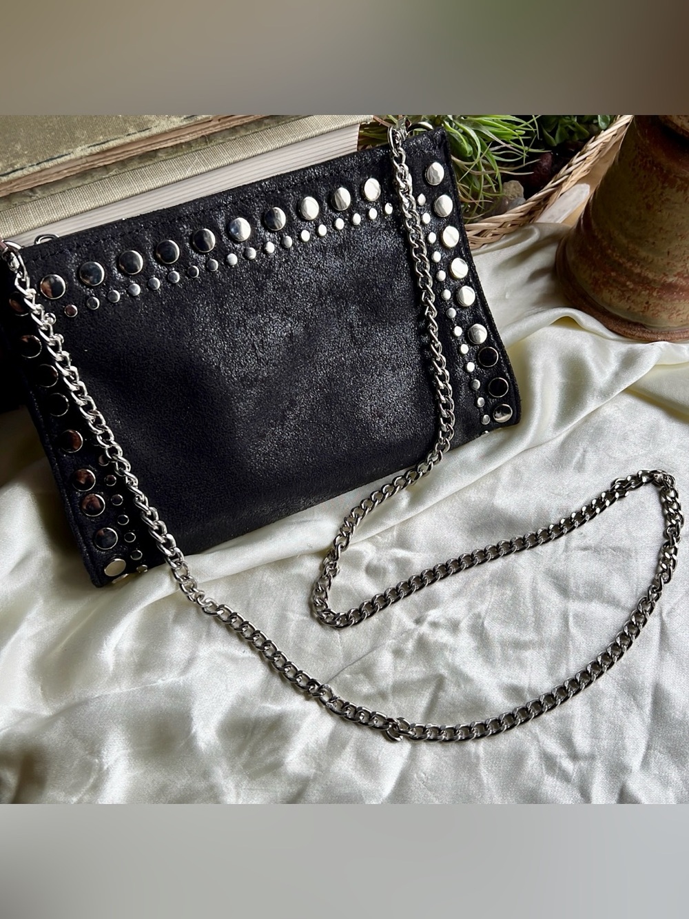Zara Faux Suede Metallic Black Studded Silvertone Chain Strap Zip Crossbody Bag